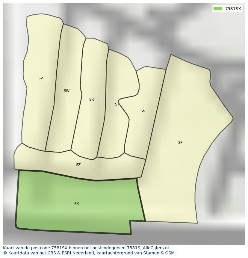 Afbeelding van het postcodegebied 7581 SX op de kaart.
