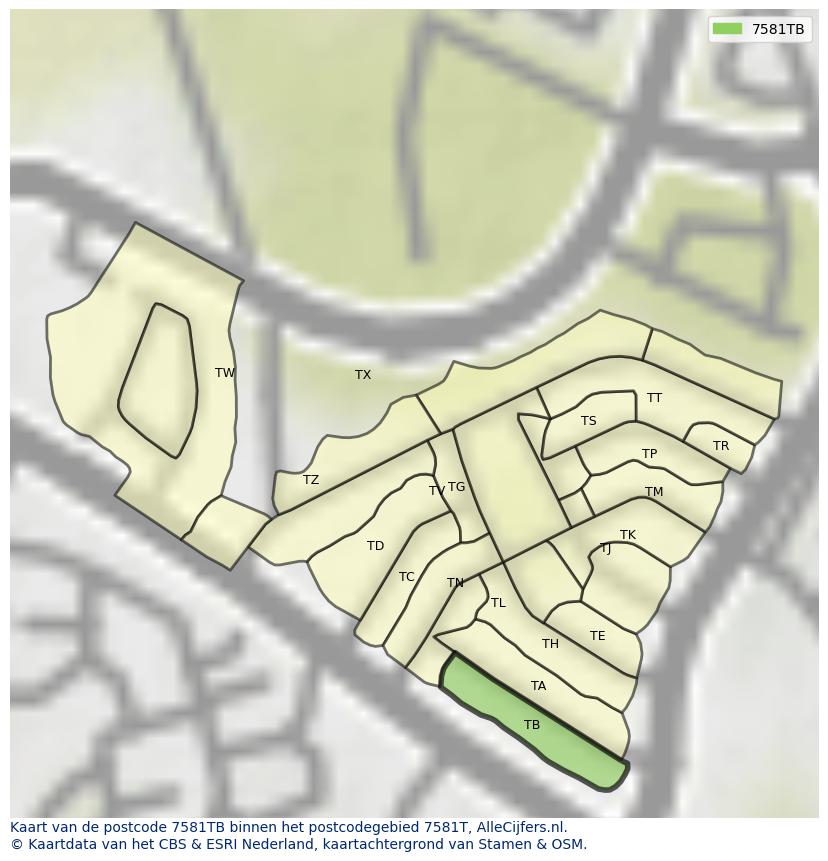 Afbeelding van het postcodegebied 7581 TB op de kaart.