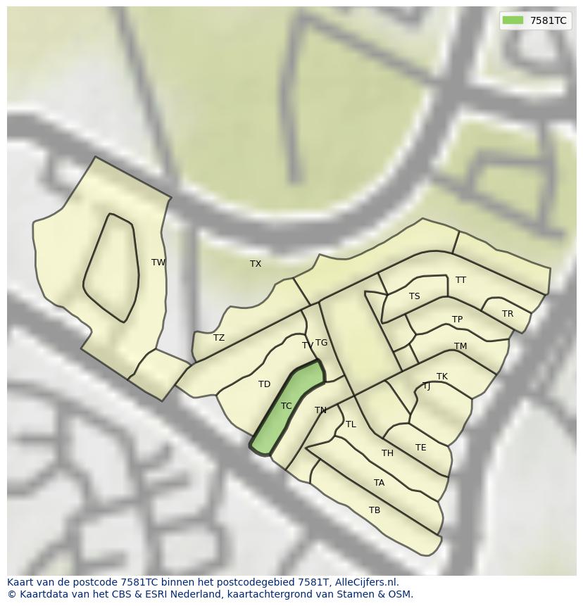 Afbeelding van het postcodegebied 7581 TC op de kaart.