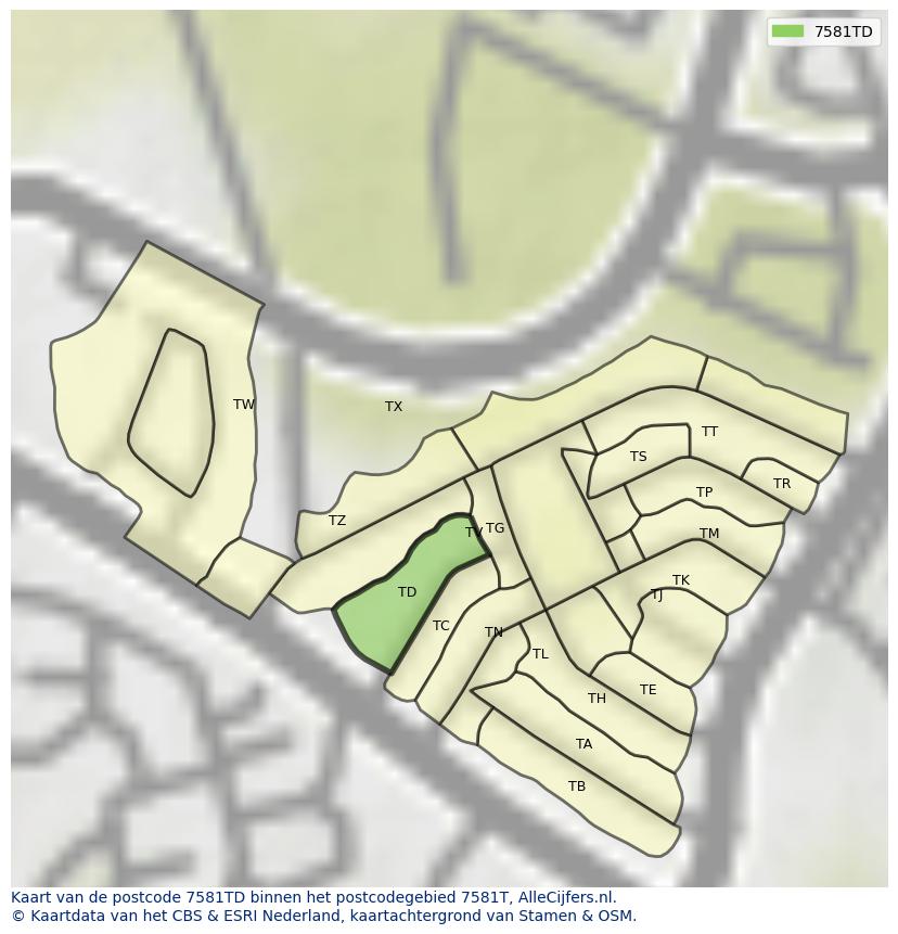 Afbeelding van het postcodegebied 7581 TD op de kaart.