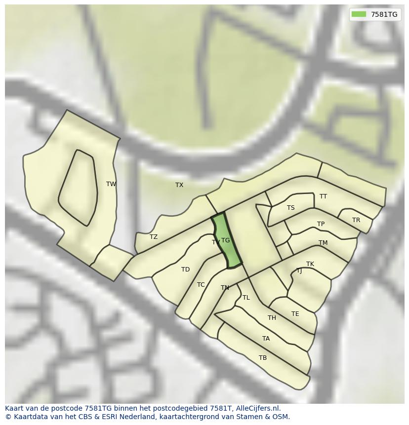 Afbeelding van het postcodegebied 7581 TG op de kaart.