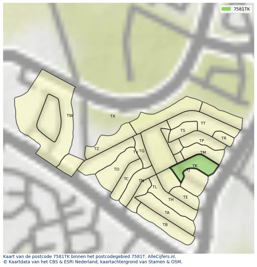 Afbeelding van het postcodegebied 7581 TK op de kaart.