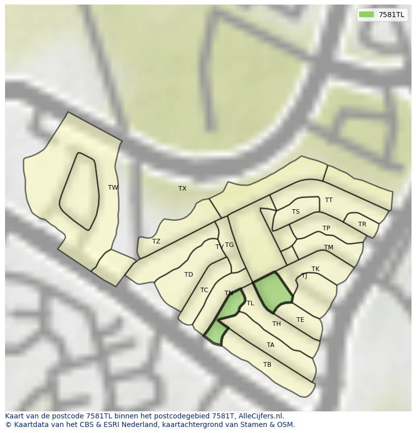 Afbeelding van het postcodegebied 7581 TL op de kaart.