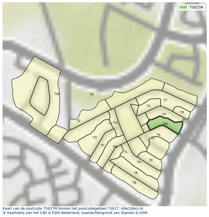 Afbeelding van het postcodegebied 7581 TM op de kaart.