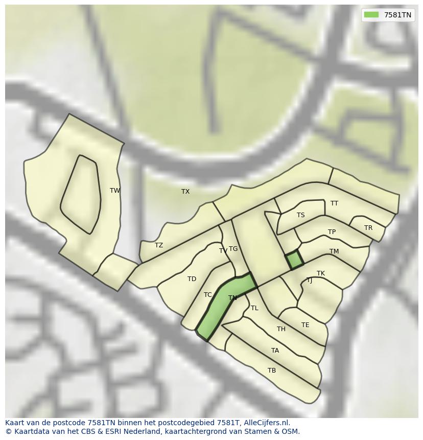 Afbeelding van het postcodegebied 7581 TN op de kaart.