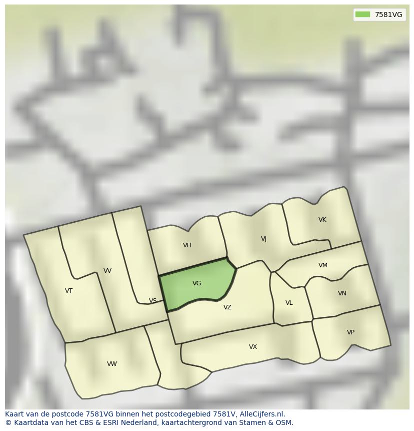 Afbeelding van het postcodegebied 7581 VG op de kaart.
