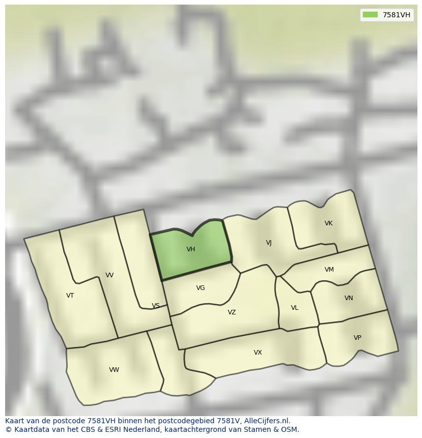 Afbeelding van het postcodegebied 7581 VH op de kaart.
