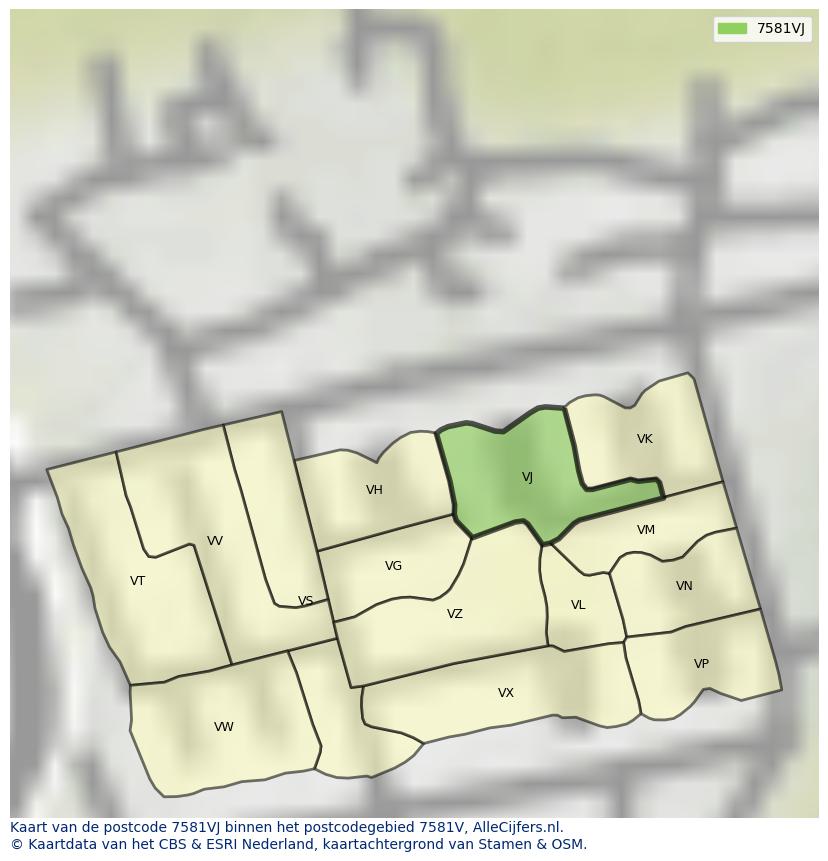 Afbeelding van het postcodegebied 7581 VJ op de kaart.