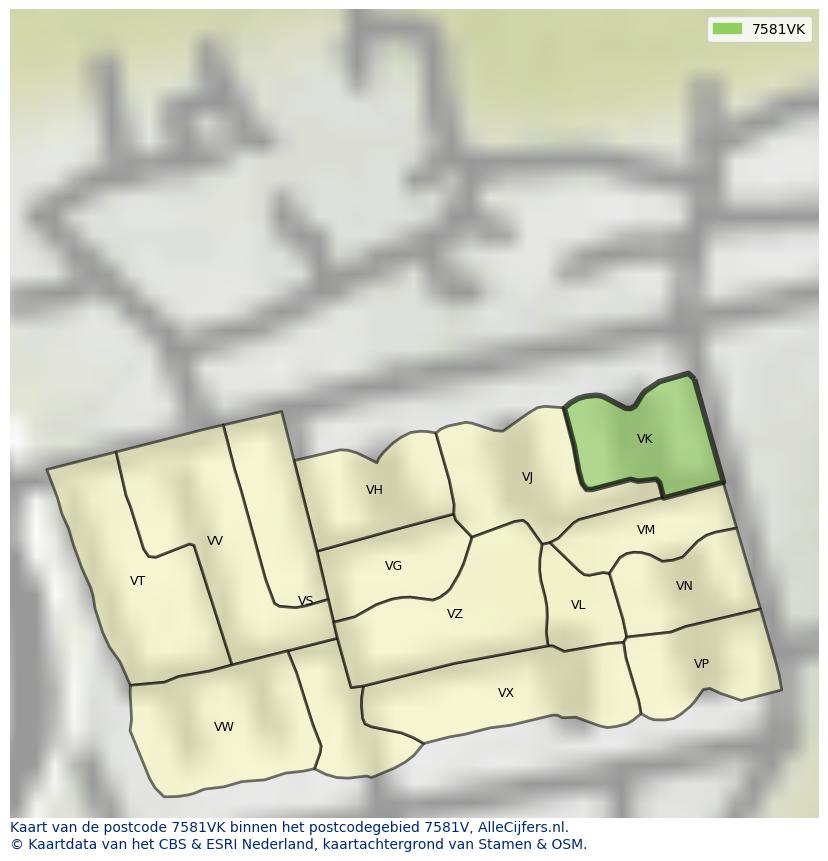 Afbeelding van het postcodegebied 7581 VK op de kaart.