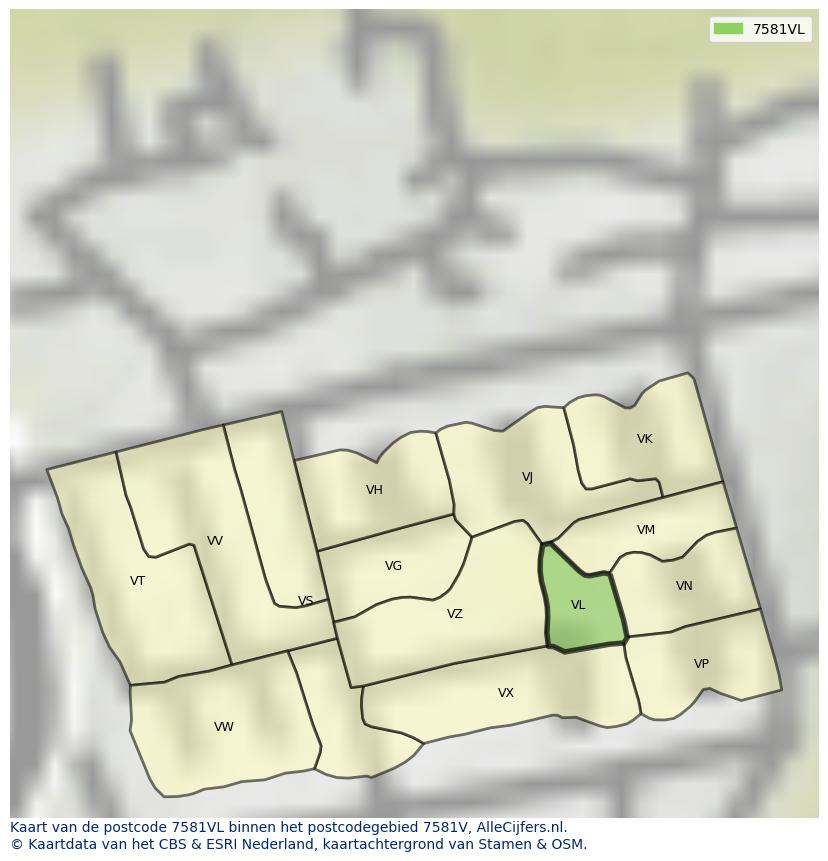 Afbeelding van het postcodegebied 7581 VL op de kaart.