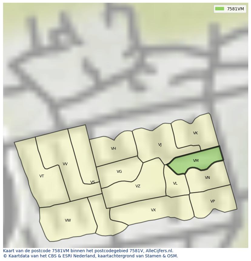 Afbeelding van het postcodegebied 7581 VM op de kaart.