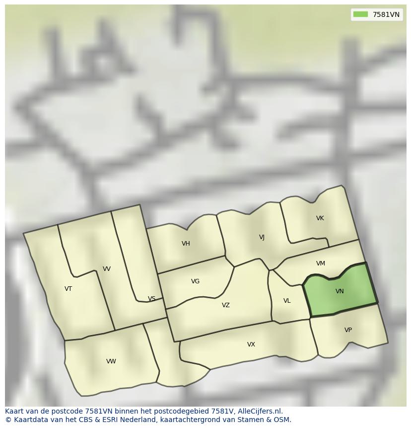 Afbeelding van het postcodegebied 7581 VN op de kaart.
