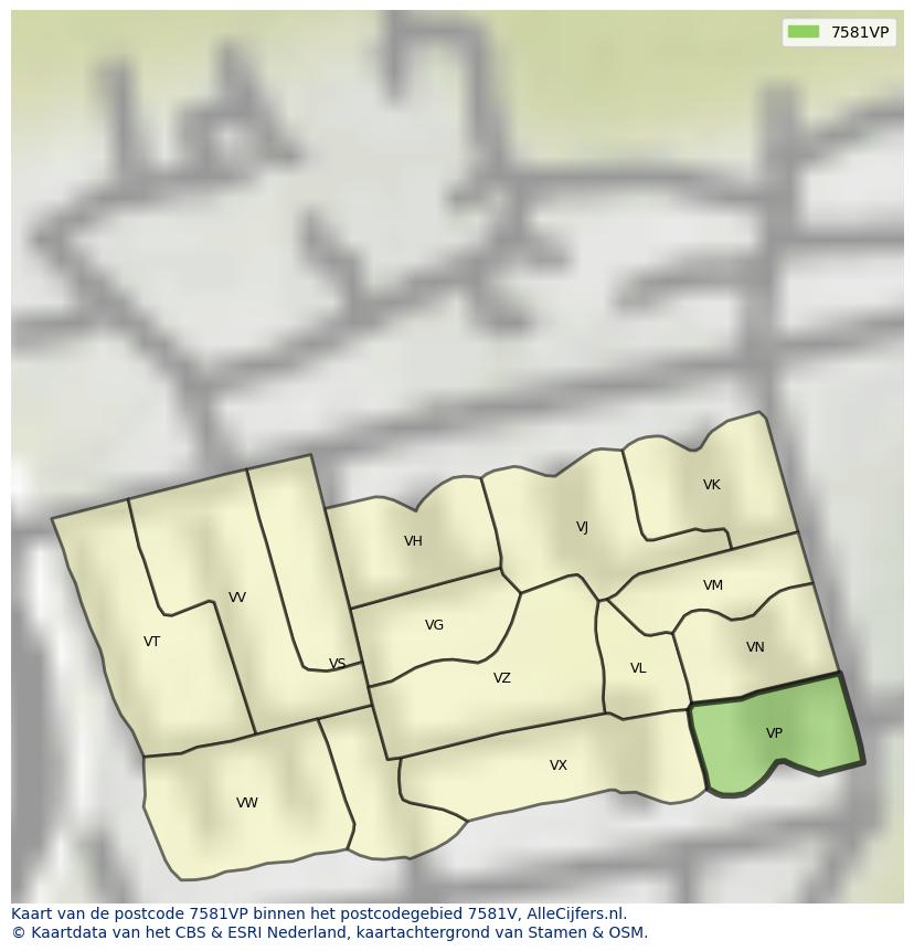 Afbeelding van het postcodegebied 7581 VP op de kaart.