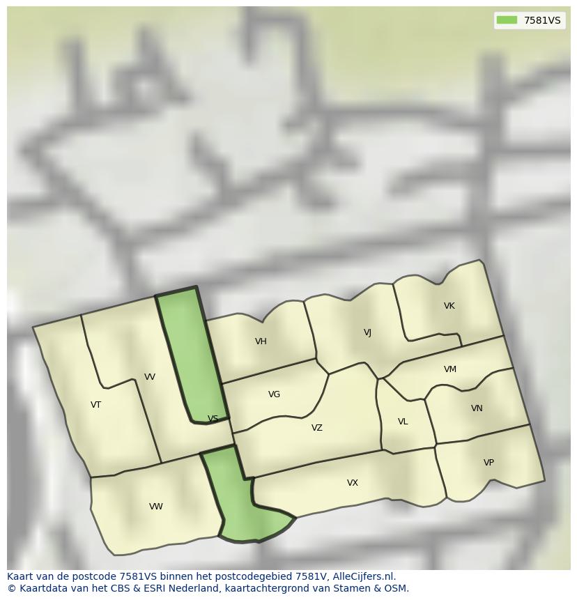 Afbeelding van het postcodegebied 7581 VS op de kaart.