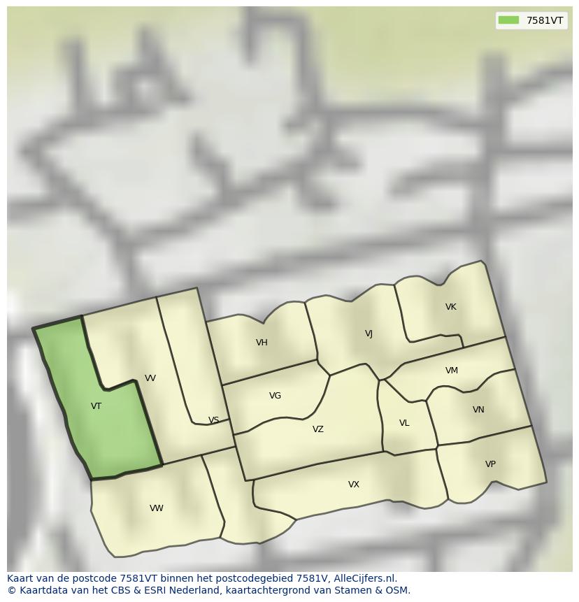 Afbeelding van het postcodegebied 7581 VT op de kaart.