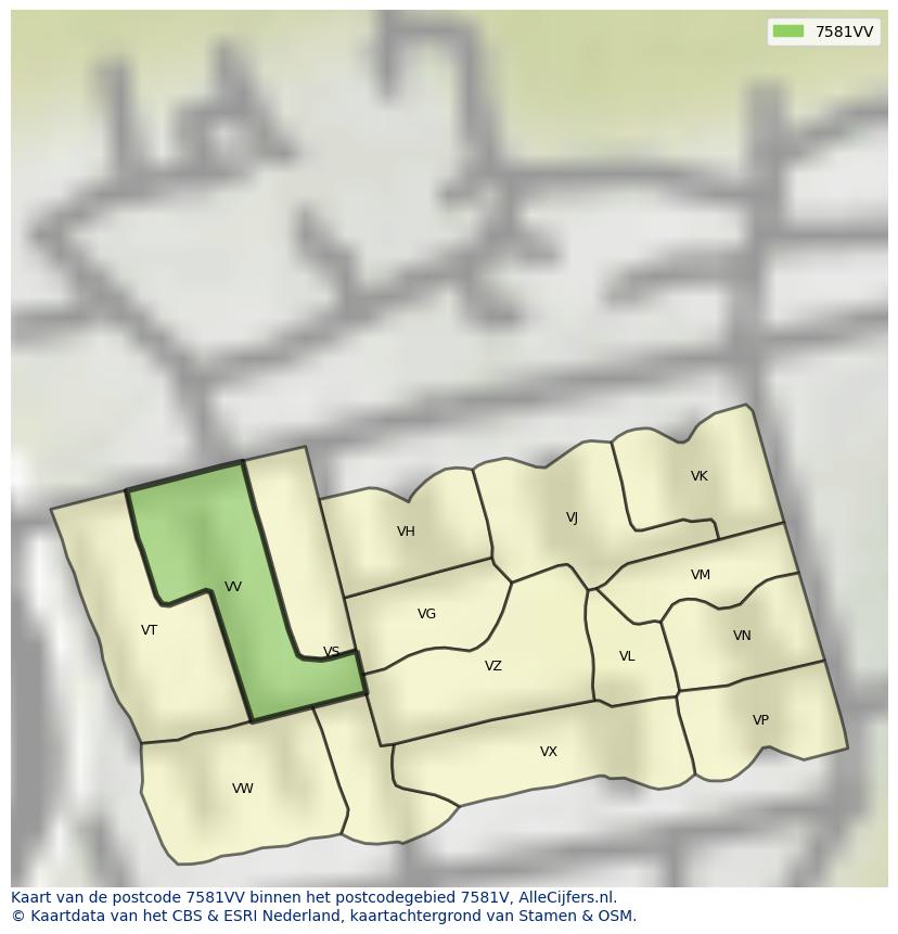Afbeelding van het postcodegebied 7581 VV op de kaart.