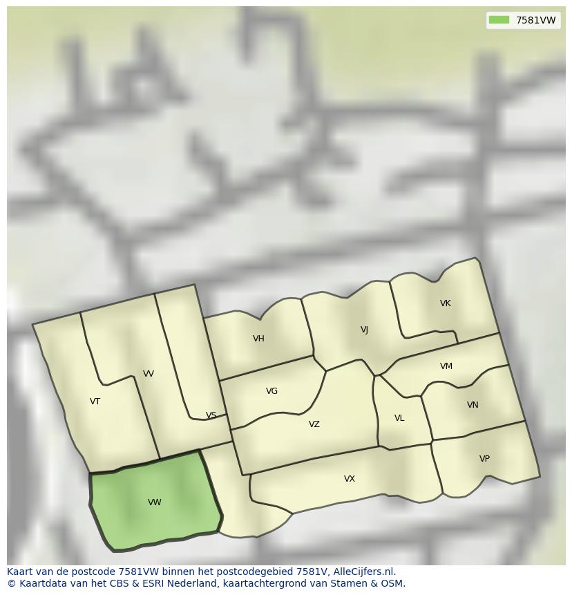Afbeelding van het postcodegebied 7581 VW op de kaart.