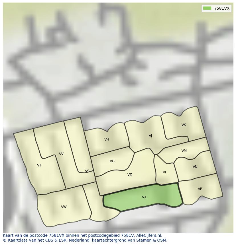 Afbeelding van het postcodegebied 7581 VX op de kaart.