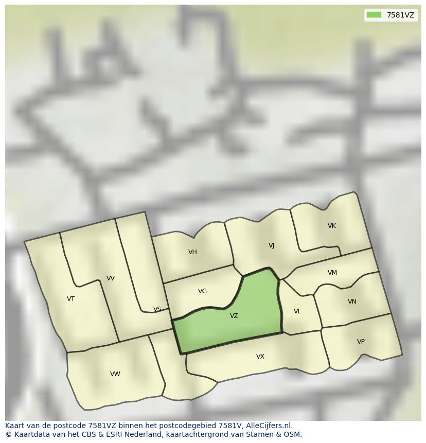 Afbeelding van het postcodegebied 7581 VZ op de kaart.