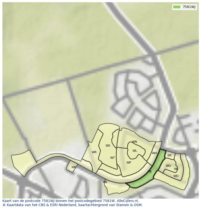 Afbeelding van het postcodegebied 7581 WJ op de kaart.