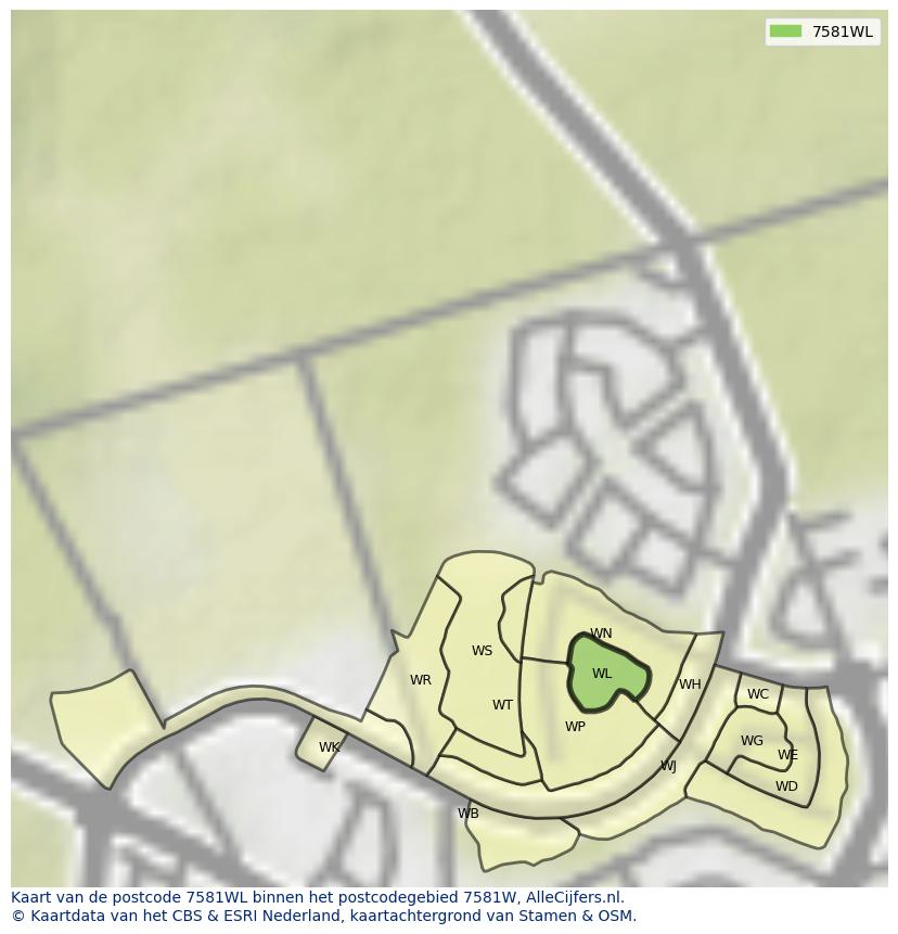 Afbeelding van het postcodegebied 7581 WL op de kaart.