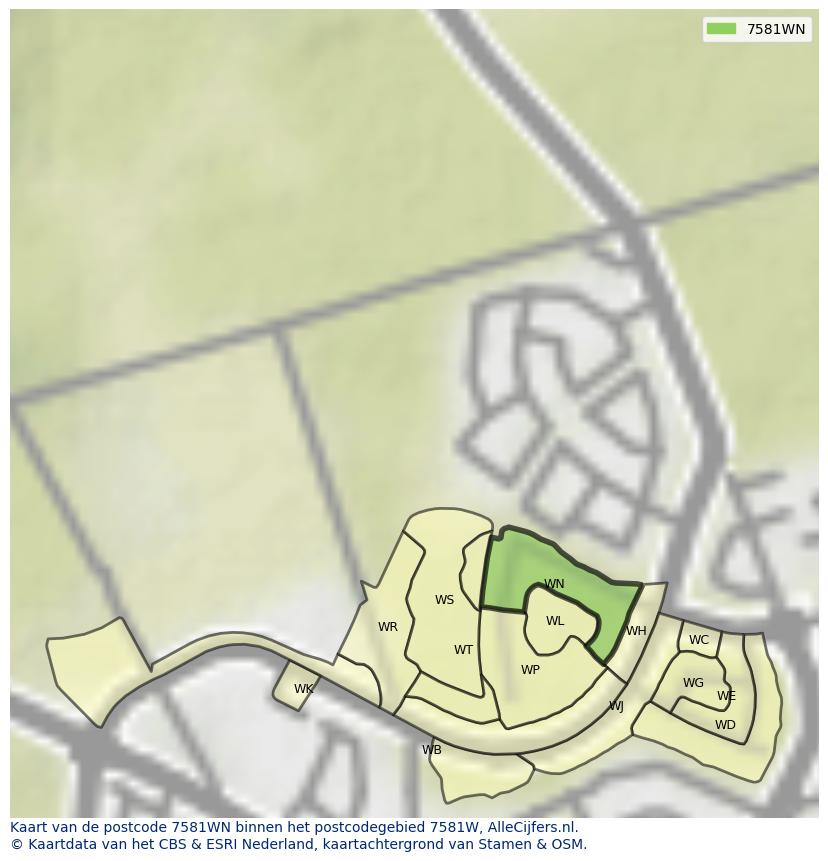 Afbeelding van het postcodegebied 7581 WN op de kaart.
