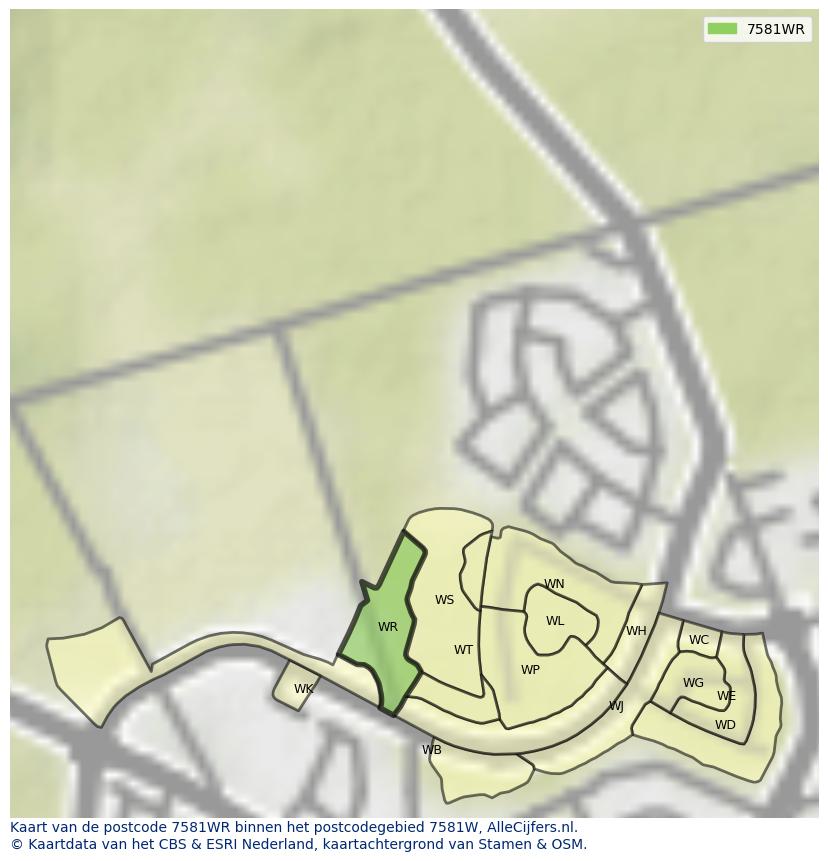 Afbeelding van het postcodegebied 7581 WR op de kaart.