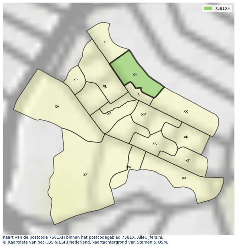 Afbeelding van het postcodegebied 7581 XH op de kaart.