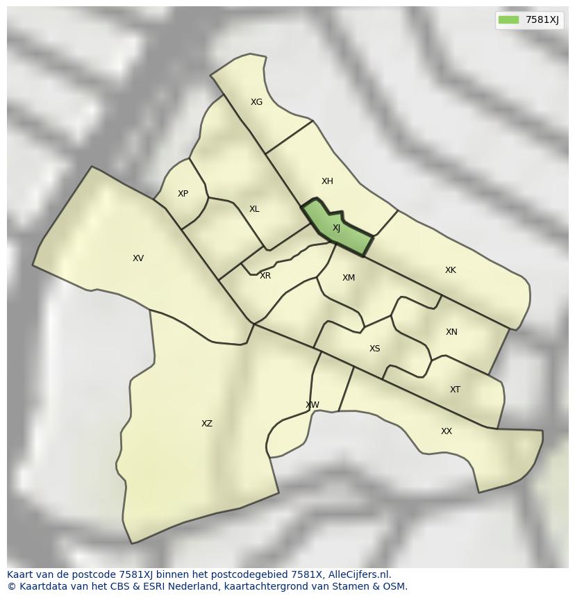 Afbeelding van het postcodegebied 7581 XJ op de kaart.