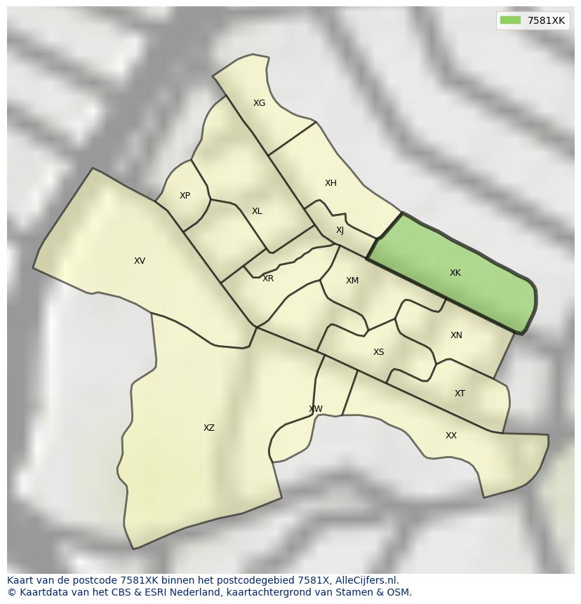Afbeelding van het postcodegebied 7581 XK op de kaart.