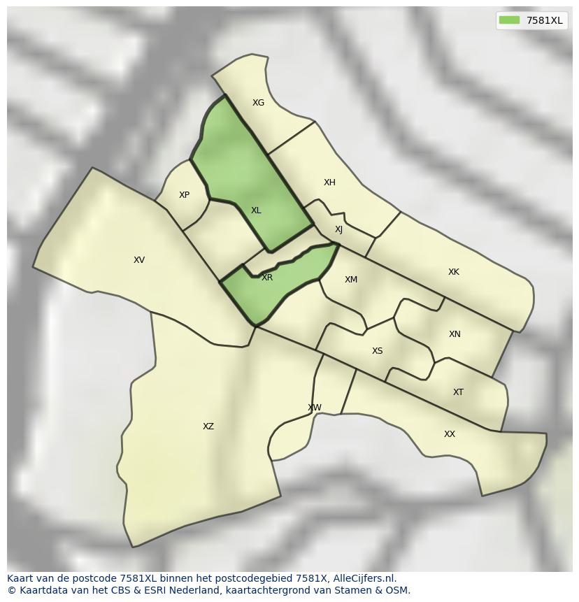 Afbeelding van het postcodegebied 7581 XL op de kaart.