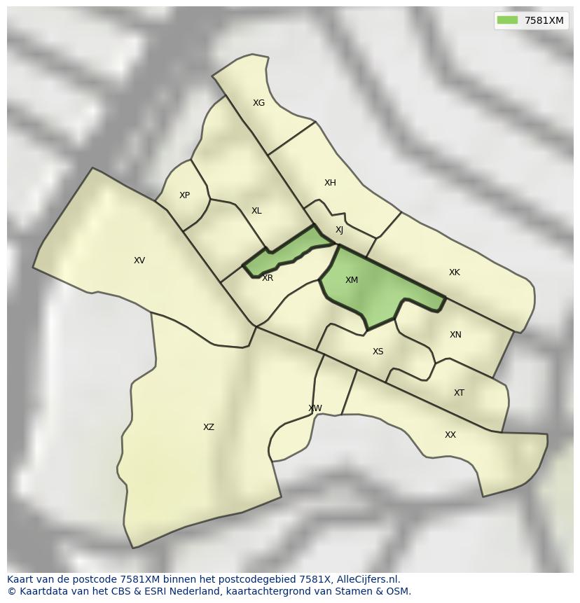 Afbeelding van het postcodegebied 7581 XM op de kaart.