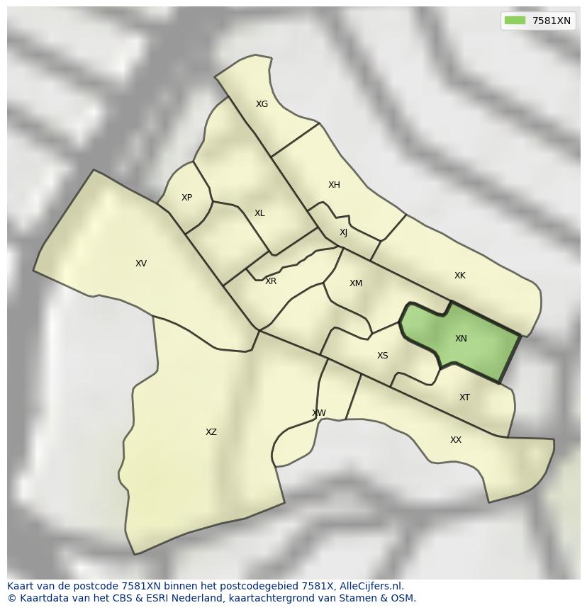 Afbeelding van het postcodegebied 7581 XN op de kaart.