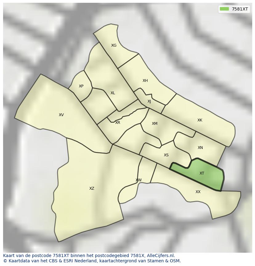Afbeelding van het postcodegebied 7581 XT op de kaart.