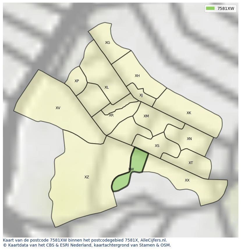 Afbeelding van het postcodegebied 7581 XW op de kaart.