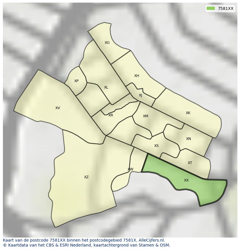 Afbeelding van het postcodegebied 7581 XX op de kaart.
