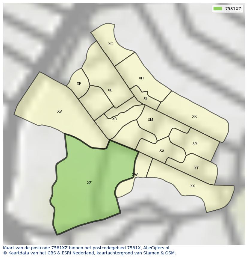 Afbeelding van het postcodegebied 7581 XZ op de kaart.