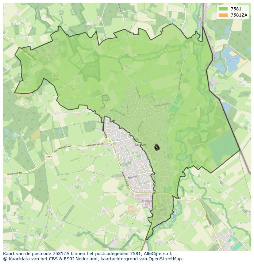 Afbeelding van het postcodegebied 7581 ZA op de kaart.