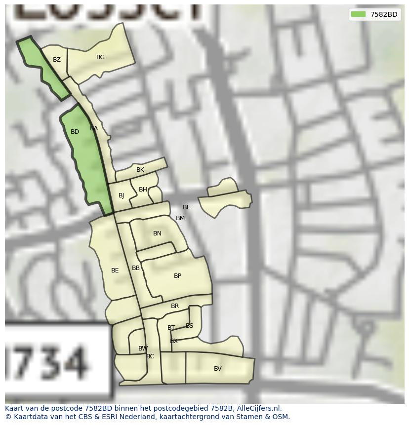 Afbeelding van het postcodegebied 7582 BD op de kaart.