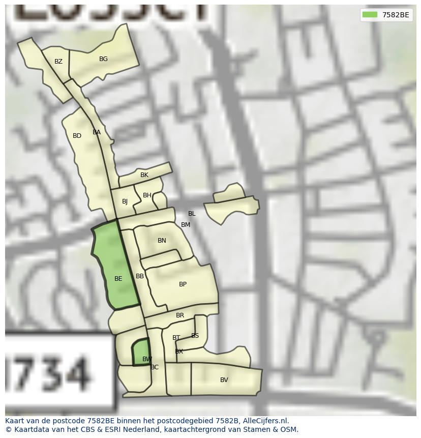 Afbeelding van het postcodegebied 7582 BE op de kaart.