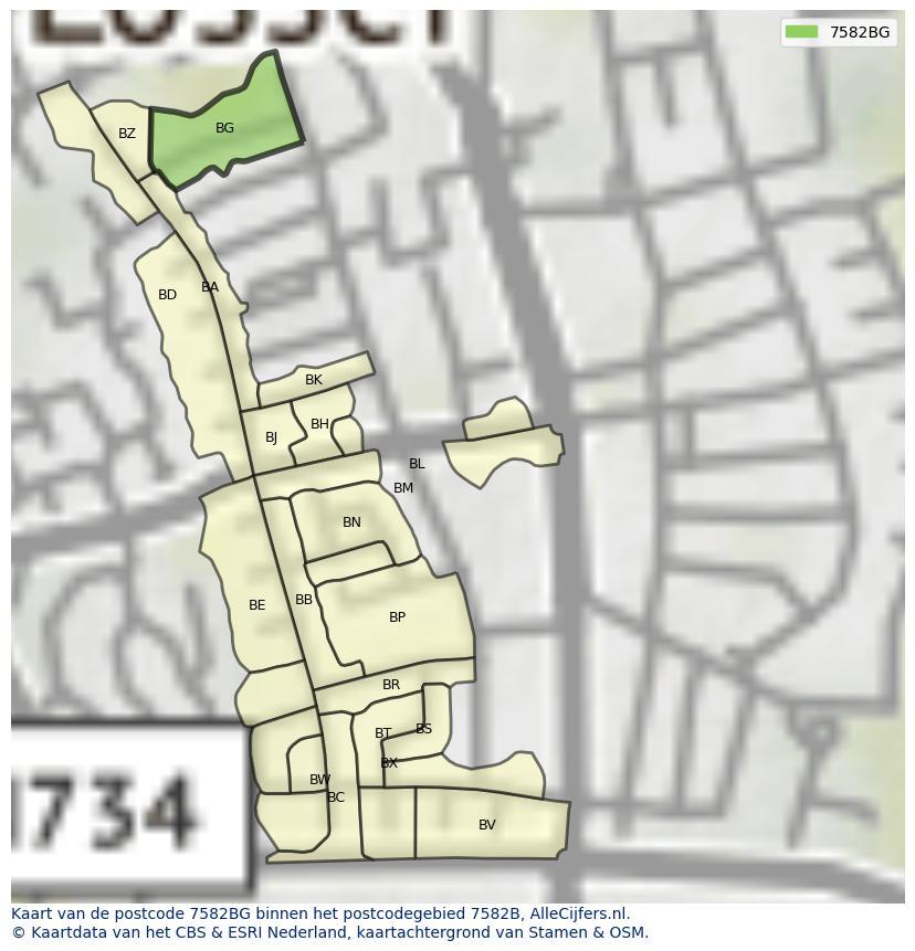 Afbeelding van het postcodegebied 7582 BG op de kaart.