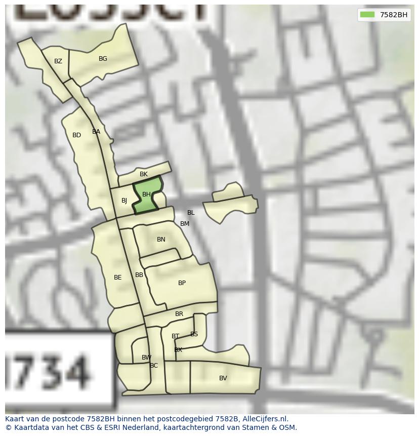 Afbeelding van het postcodegebied 7582 BH op de kaart.