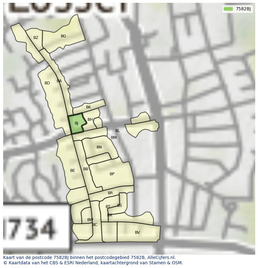 Afbeelding van het postcodegebied 7582 BJ op de kaart.
