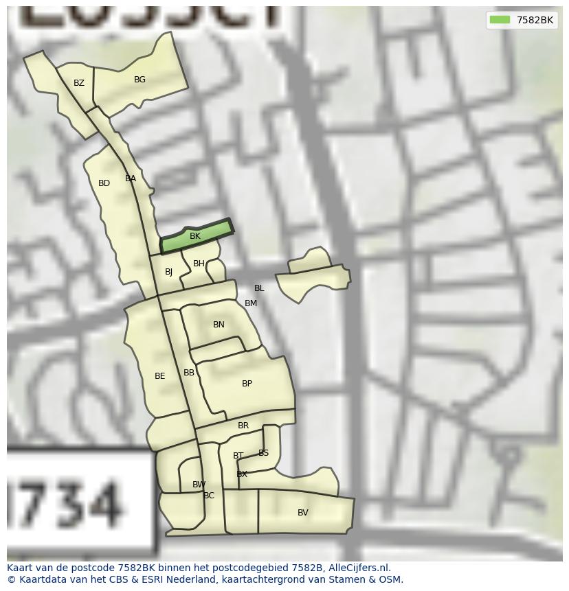 Afbeelding van het postcodegebied 7582 BK op de kaart.