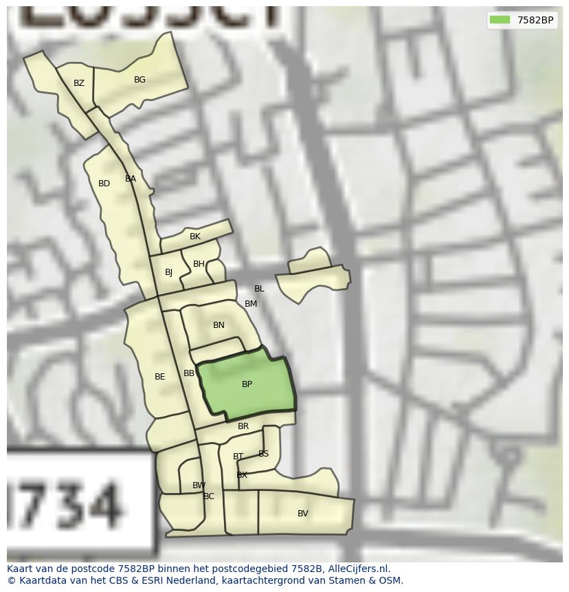 Afbeelding van het postcodegebied 7582 BP op de kaart.