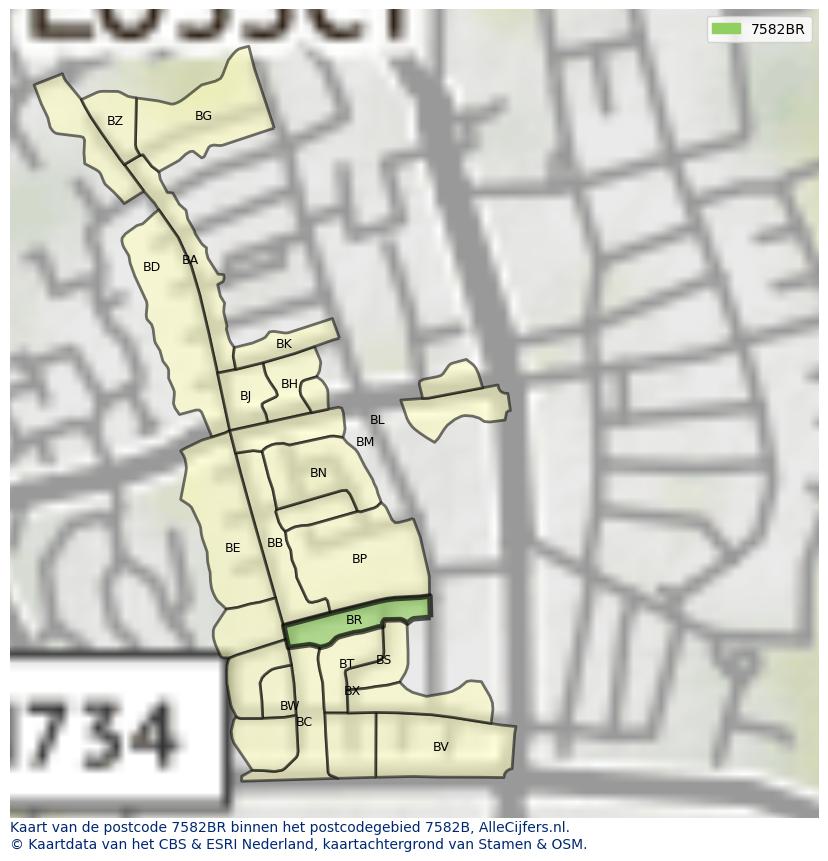 Afbeelding van het postcodegebied 7582 BR op de kaart.