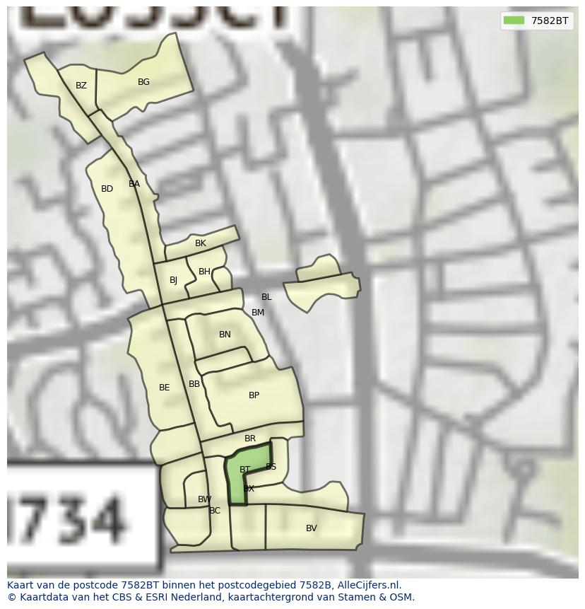 Afbeelding van het postcodegebied 7582 BT op de kaart.