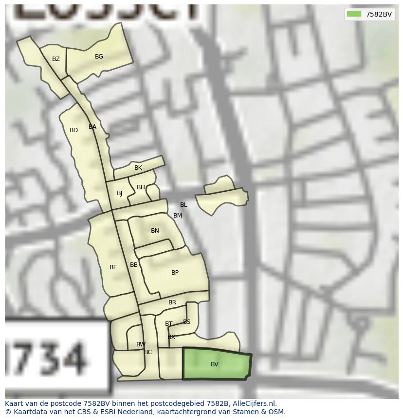 Afbeelding van het postcodegebied 7582 BV op de kaart.