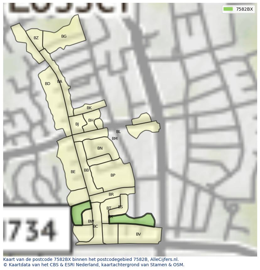 Afbeelding van het postcodegebied 7582 BX op de kaart.