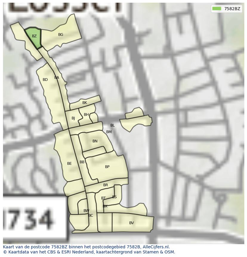 Afbeelding van het postcodegebied 7582 BZ op de kaart.